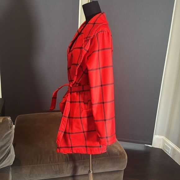 Women’s Red Turn Down Collar Wrap Trench Coat Grid Pattern Belted L (**tag XL) - Picture 7 of 16